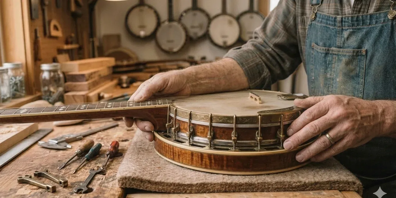 Kent Gorsuch working on a banjo in his workshop, with tools and instruments visible